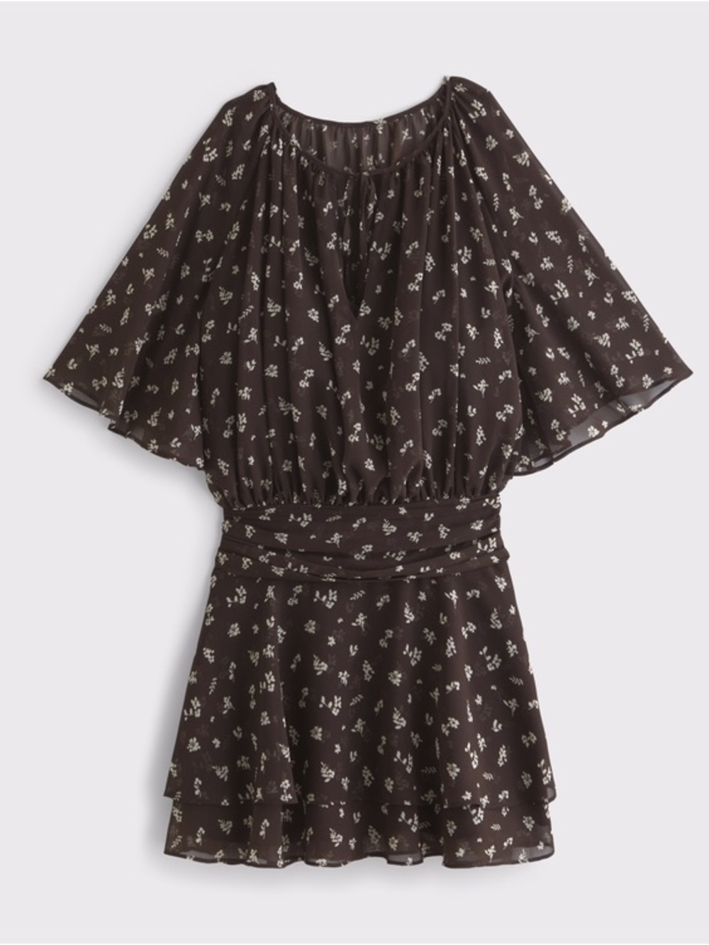 NWT Abercrombie and Fitch Mini Dress Brown Floral Chiffon Angel Sleeve Sheer XXS